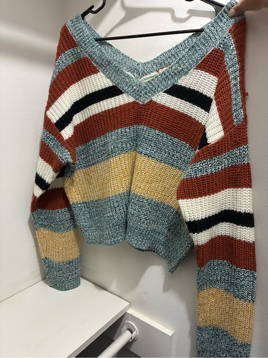 C Est. 1946 Sweaters - Striped V-Neck Sweater in Rust, Teal & Mustard